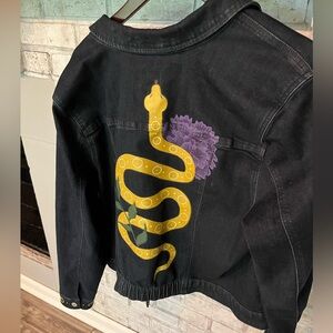 Custom Painted Women’s Denim Jacket Metallic Gold Snake
